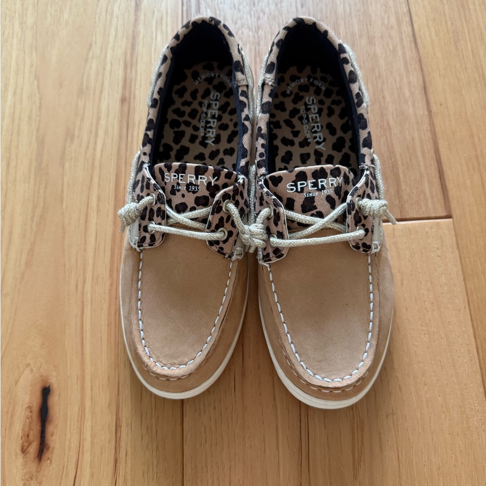 Sperry Tan and Leopard Kids Shoes
